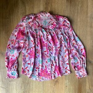 Fate Pink Floral Ruffle Blouse Long Sleeve Size L Romantic Boho Top